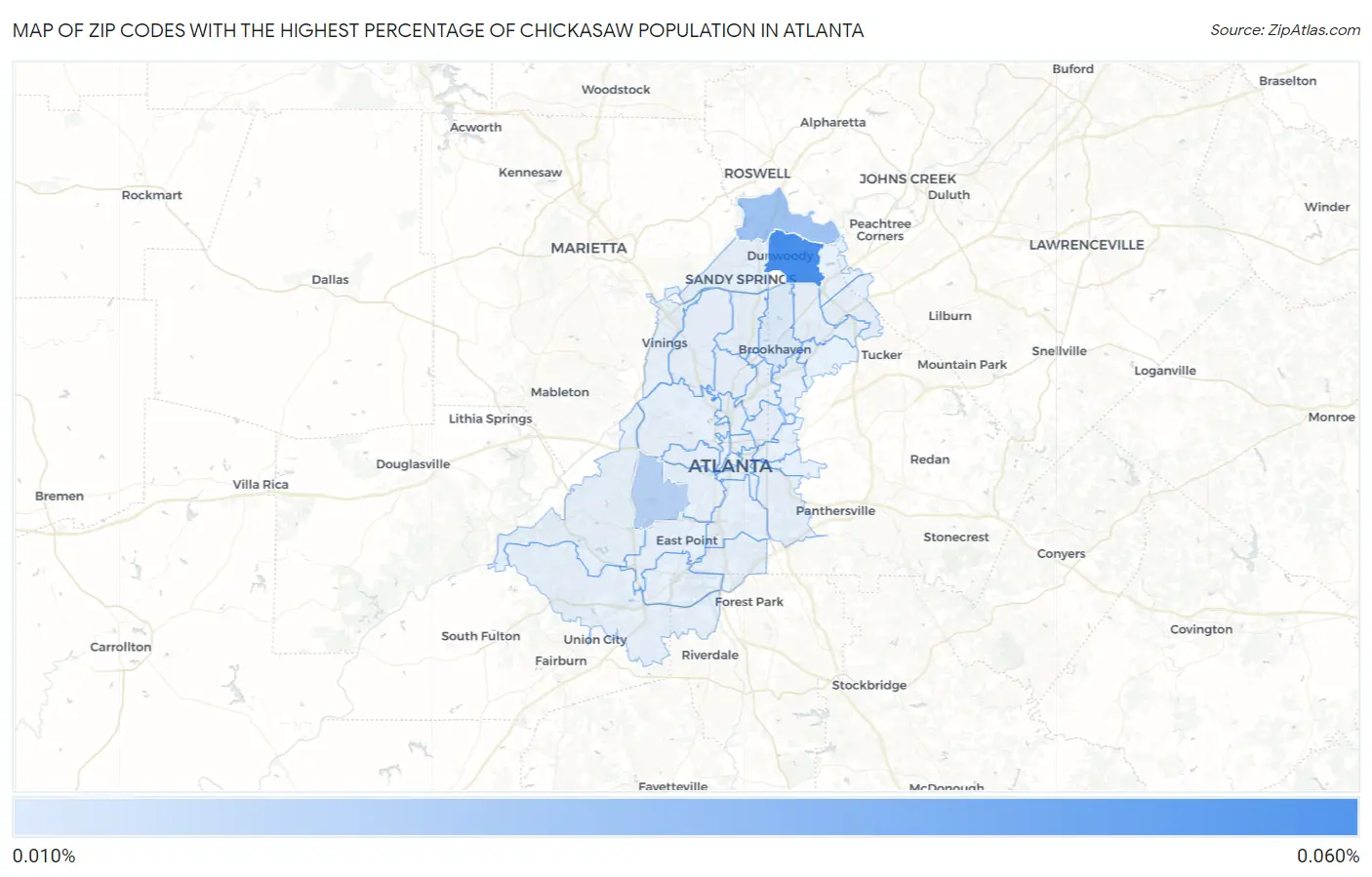 Zip Codes with the Highest Percentage of Chickasaw Population in Atlanta Map
