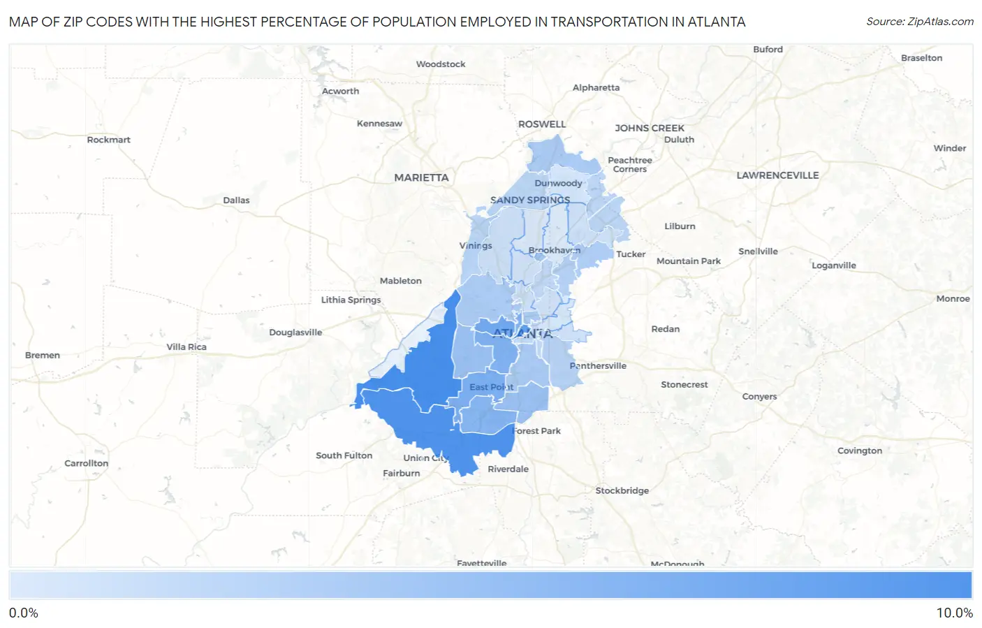 Zip Codes with the Highest Percentage of Population Employed in Transportation in Atlanta Map
