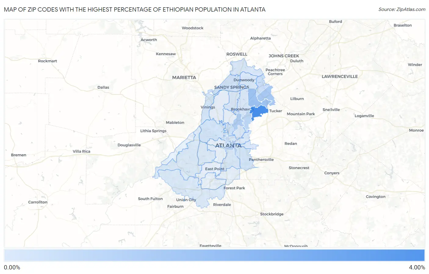 Zip Codes with the Highest Percentage of Ethiopian Population in Atlanta Map