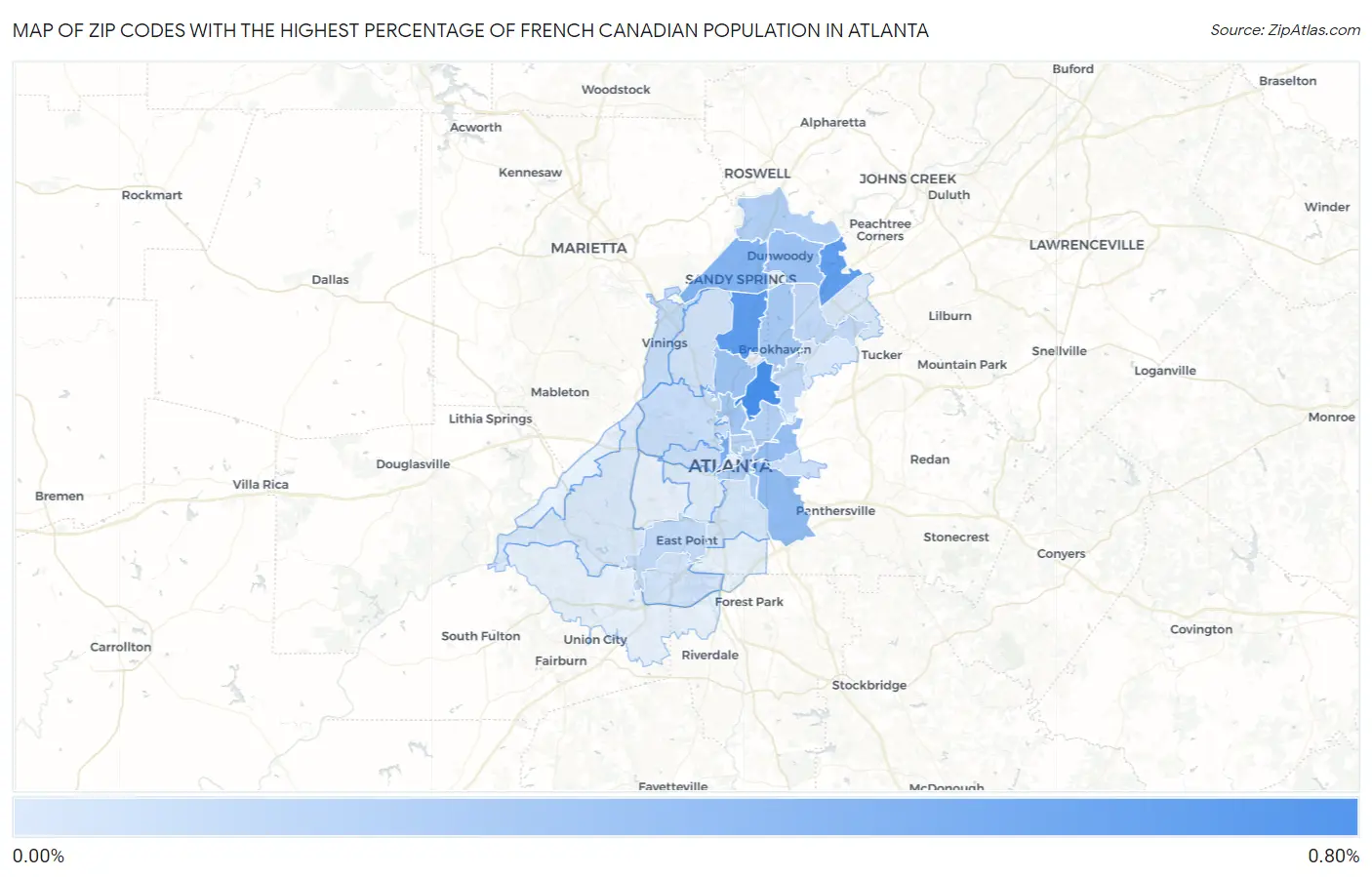 Zip Codes with the Highest Percentage of French Canadian Population in Atlanta Map