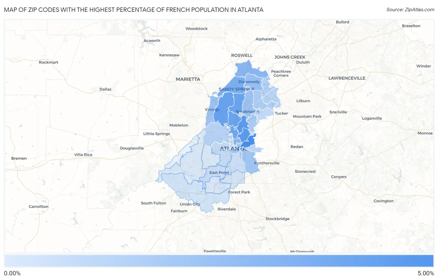 Zip Codes with the Highest Percentage of French Population in Atlanta Map