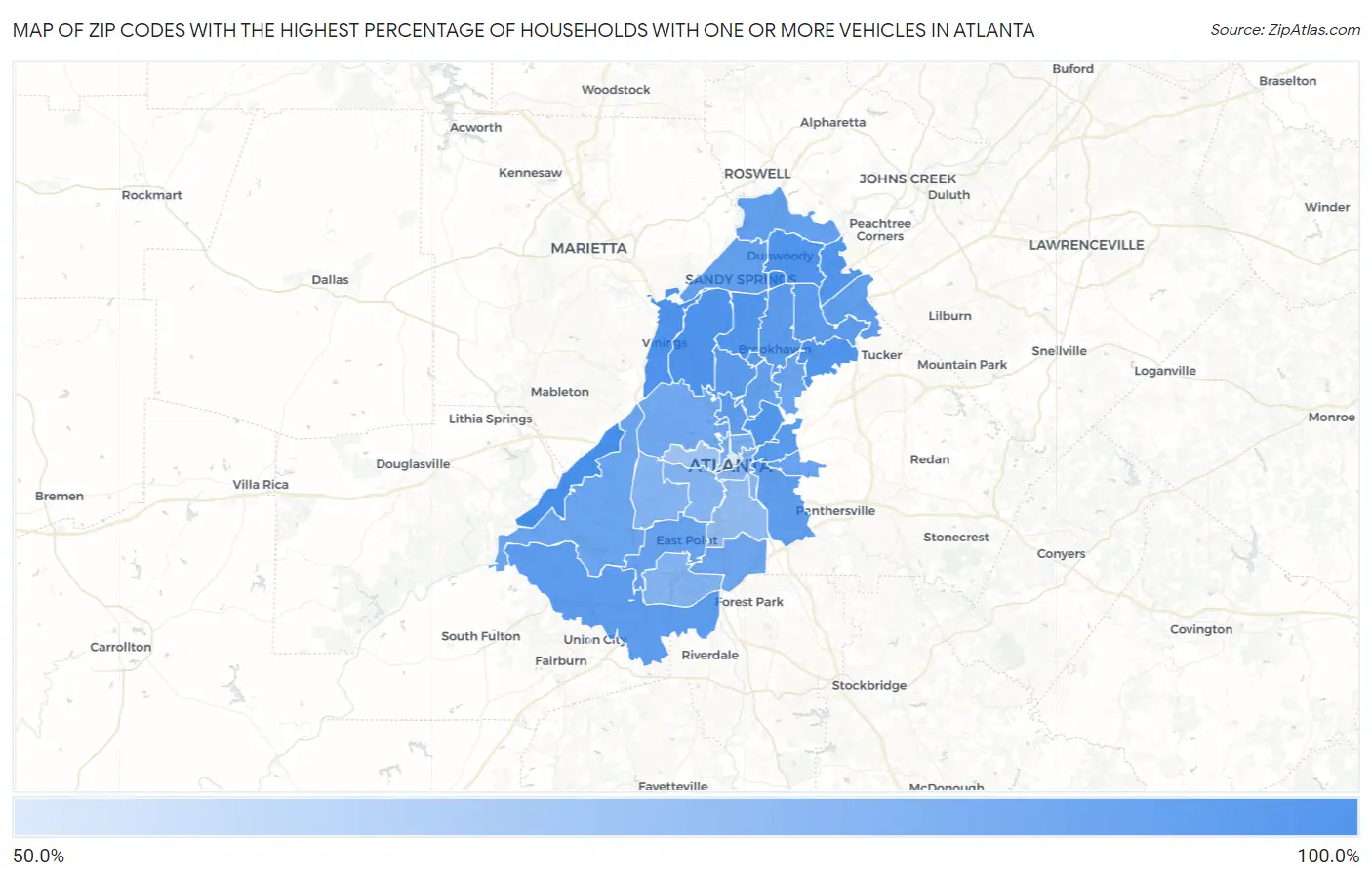 Zip Codes with the Highest Percentage of Households With One or more Vehicles in Atlanta Map