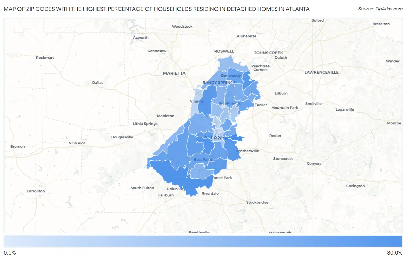 Zip Codes with the Highest Percentage of Households Residing in Detached Homes in Atlanta Map
