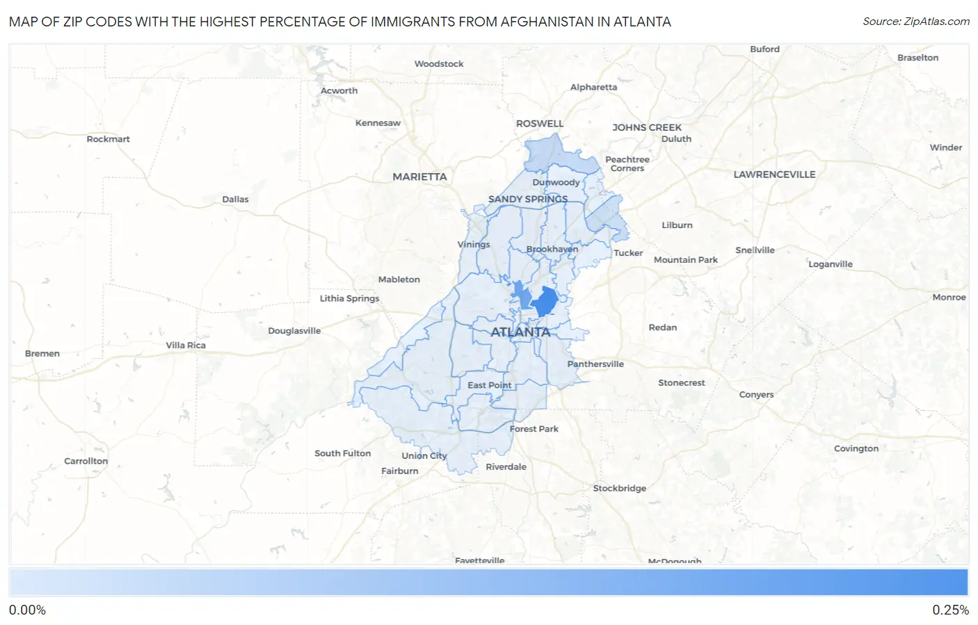 Zip Codes with the Highest Percentage of Immigrants from Afghanistan in Atlanta Map