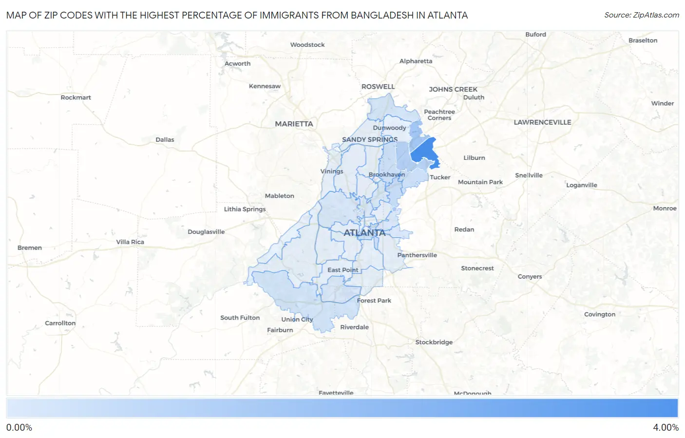 Zip Codes with the Highest Percentage of Immigrants from Bangladesh in Atlanta Map