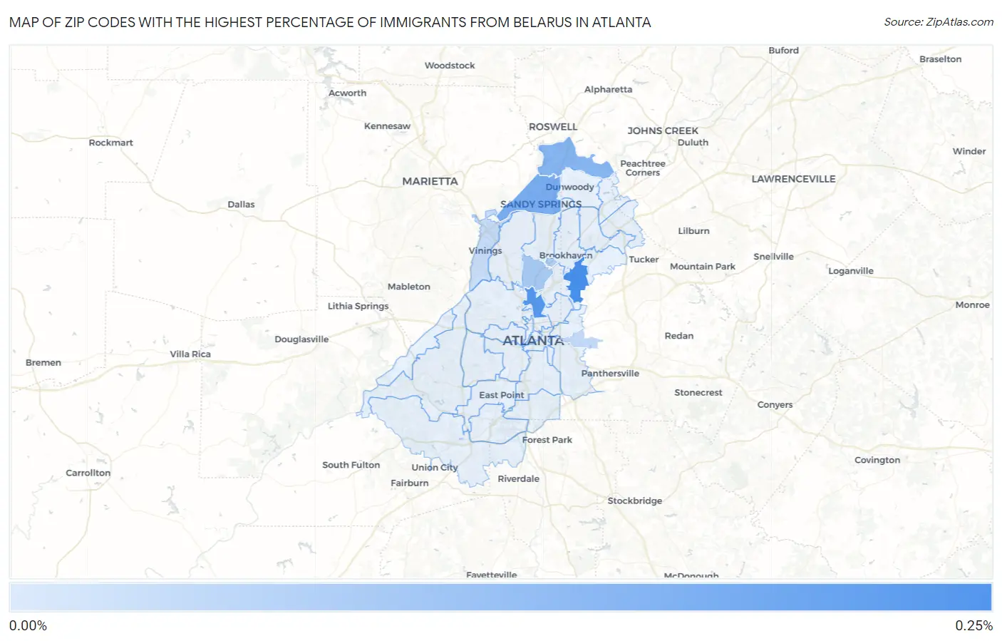 Zip Codes with the Highest Percentage of Immigrants from Belarus in Atlanta Map