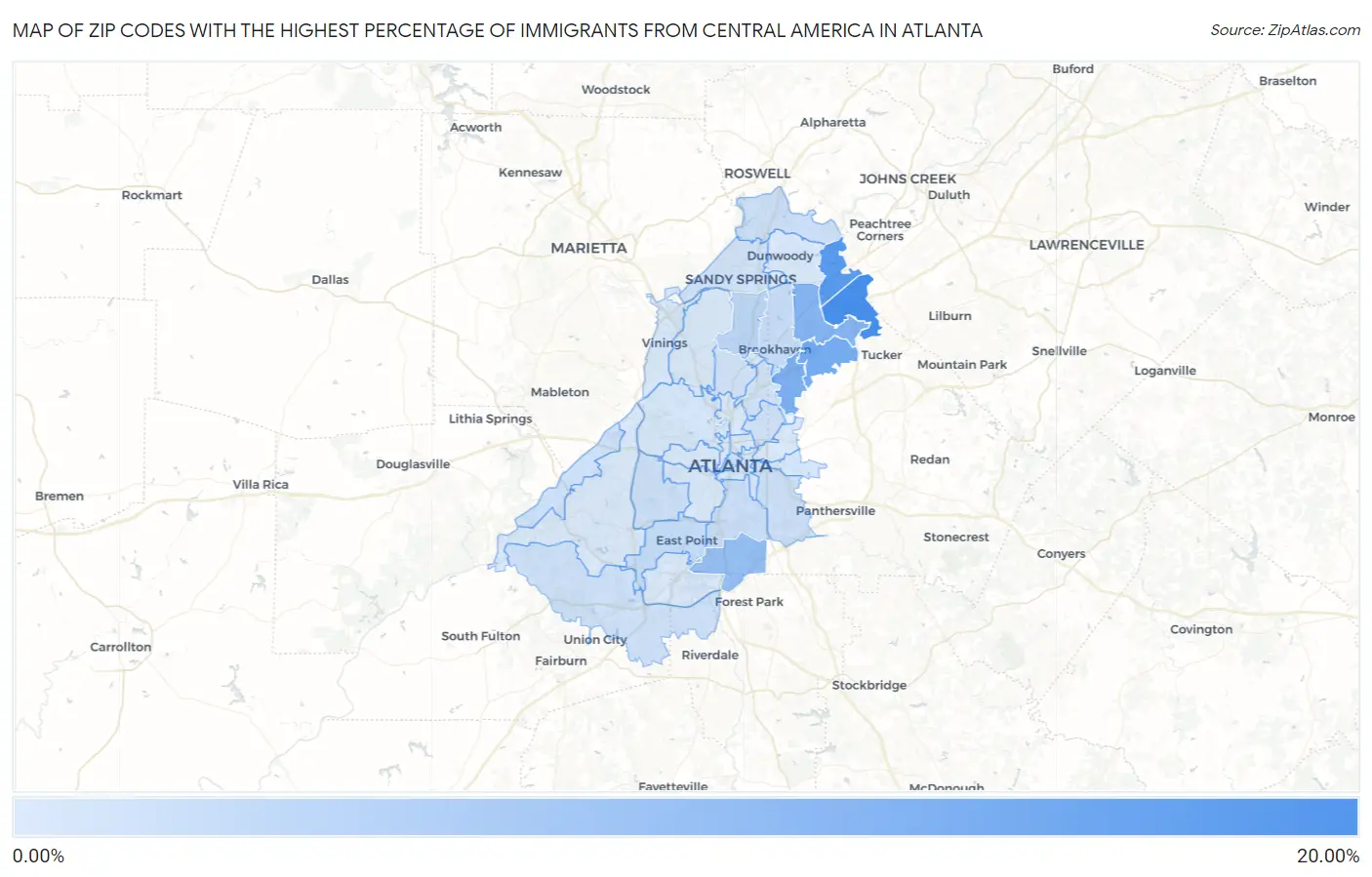 Zip Codes with the Highest Percentage of Immigrants from Central America in Atlanta Map