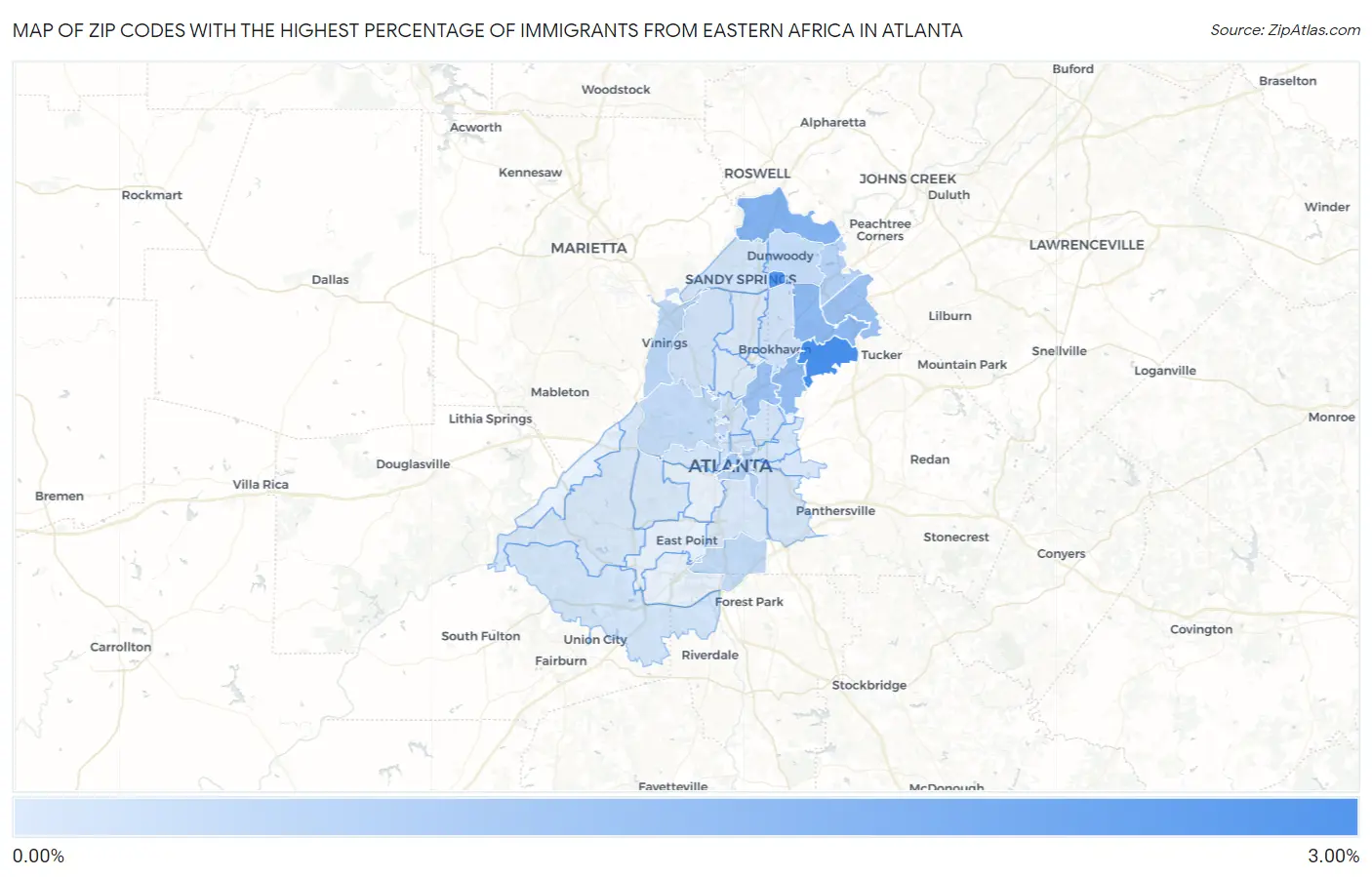 Zip Codes with the Highest Percentage of Immigrants from Eastern Africa in Atlanta Map
