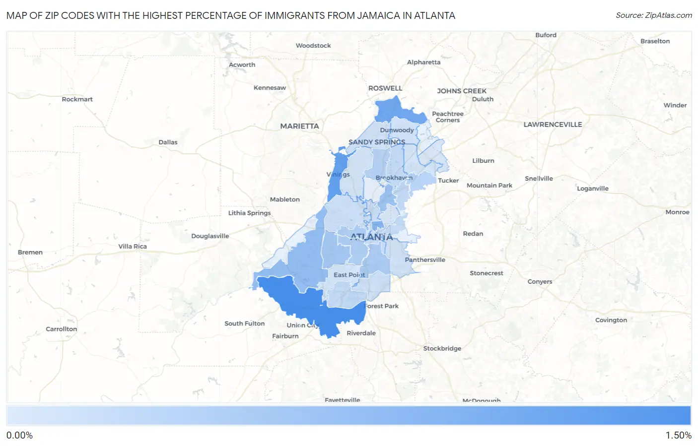 Zip Codes with the Highest Percentage of Immigrants from Jamaica in Atlanta Map