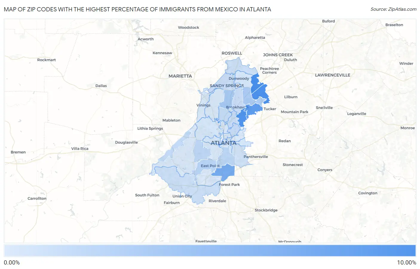 Zip Codes with the Highest Percentage of Immigrants from Mexico in Atlanta Map
