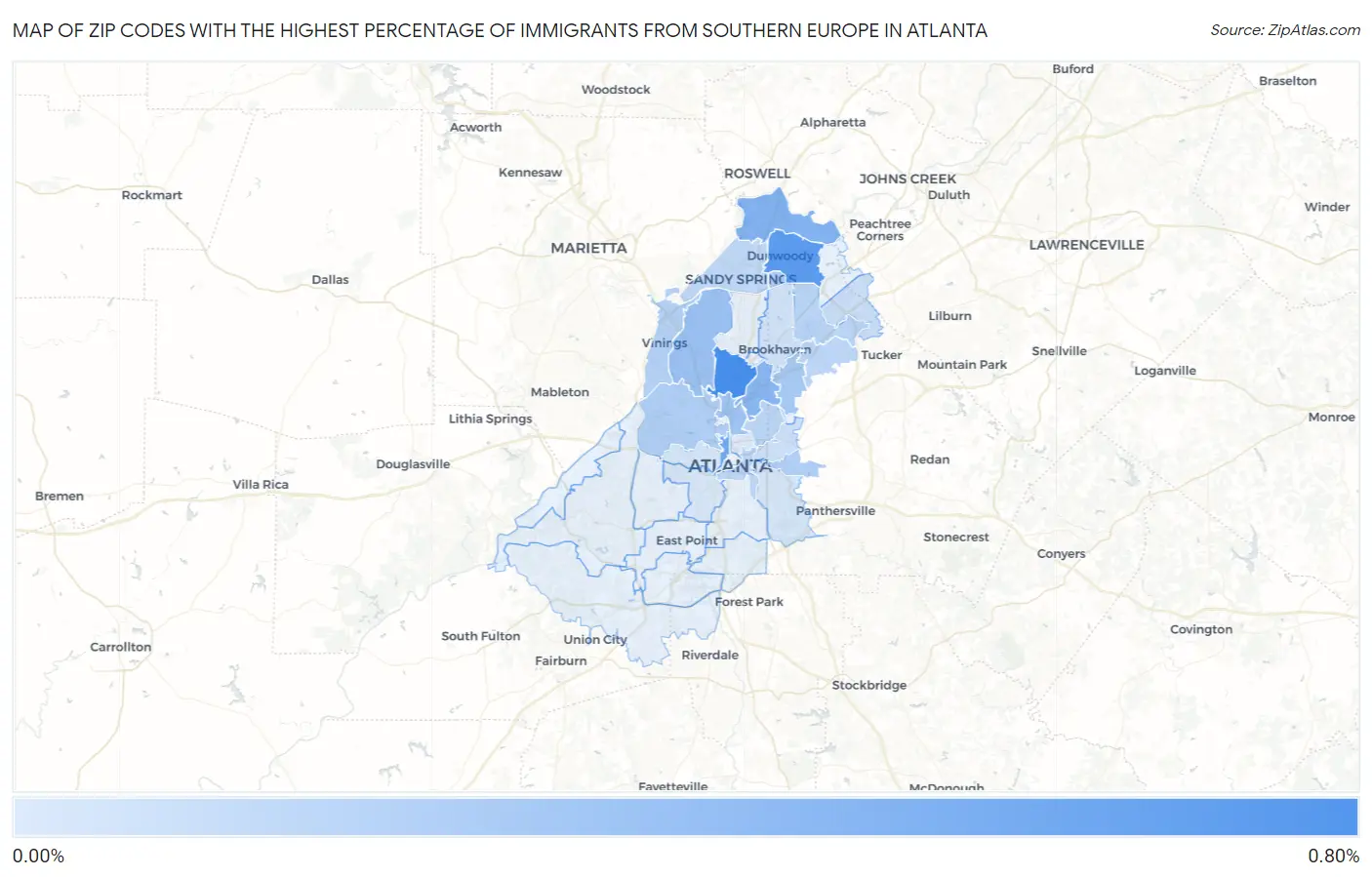 Zip Codes with the Highest Percentage of Immigrants from Southern Europe in Atlanta Map
