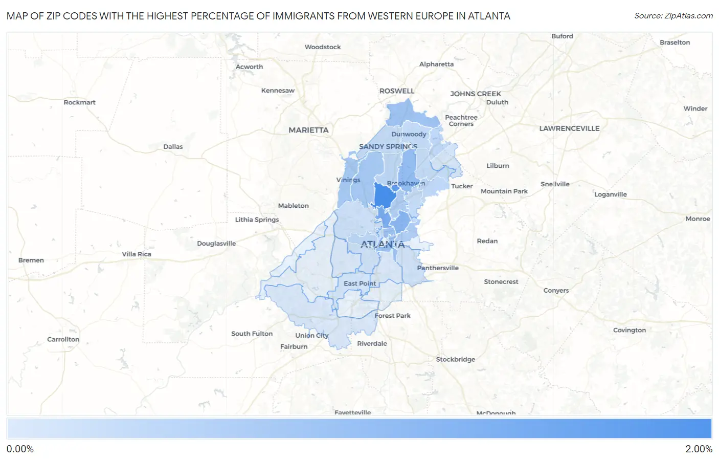 Zip Codes with the Highest Percentage of Immigrants from Western Europe in Atlanta Map