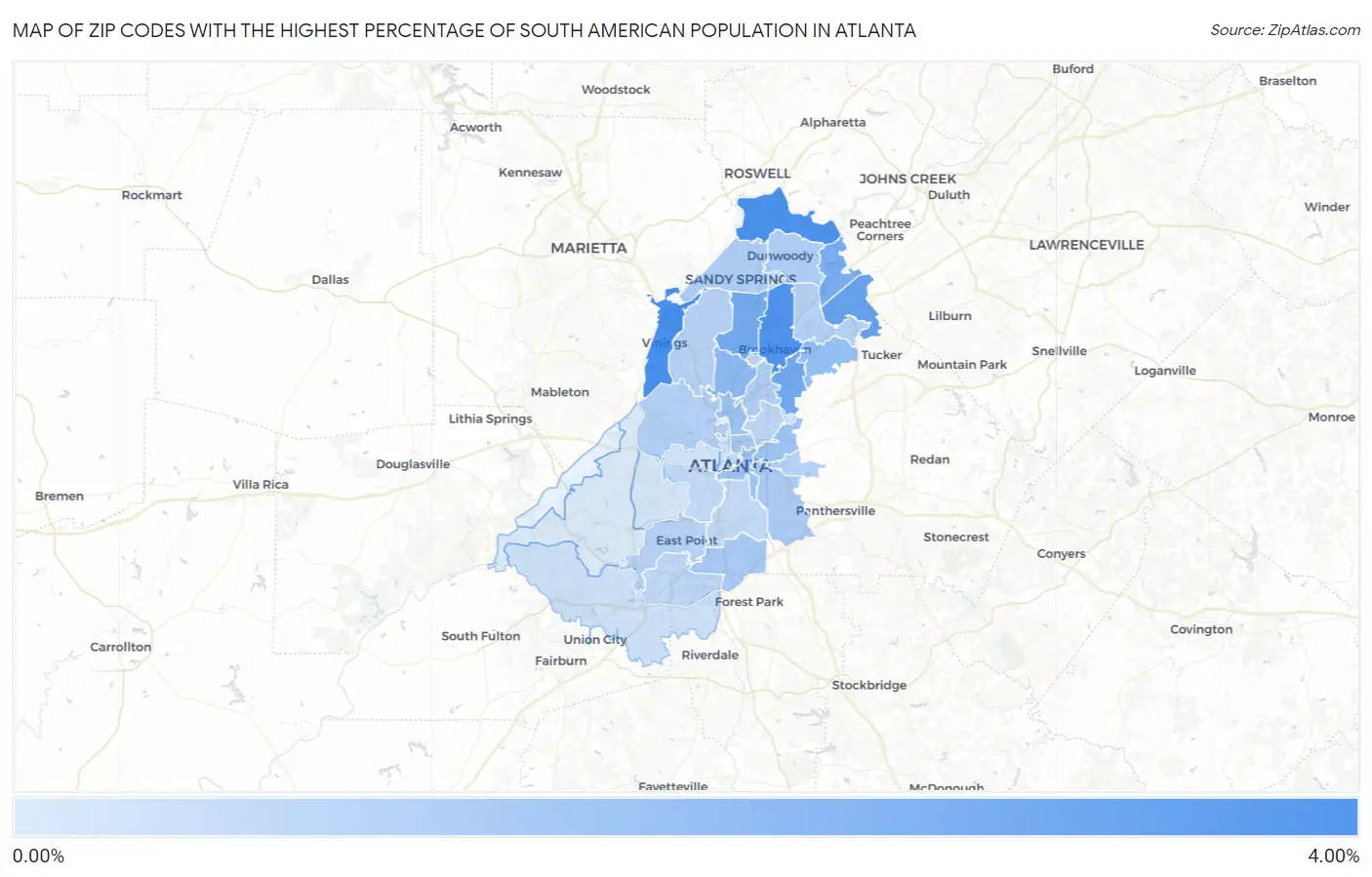 Zip Codes with the Highest Percentage of South American Population in Atlanta Map
