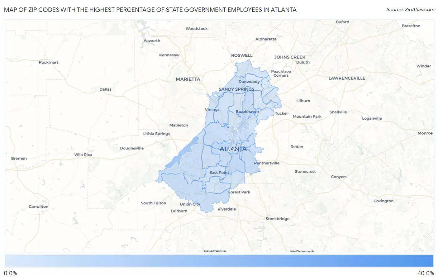 Zip Codes with the Highest Percentage of State Government Employees in Atlanta Map