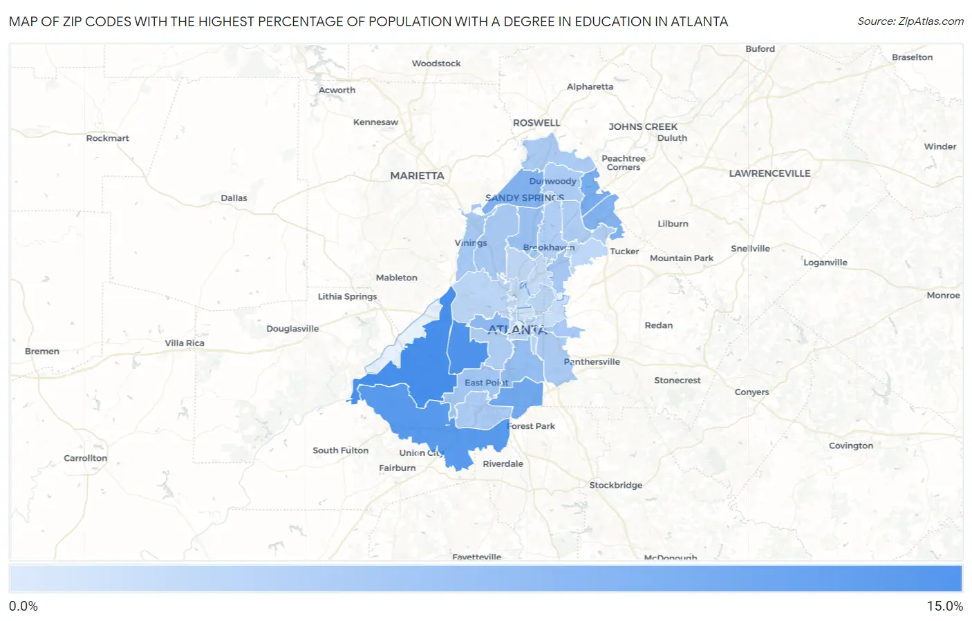 Zip Codes with the Highest Percentage of Population with a Degree in Education in Atlanta Map