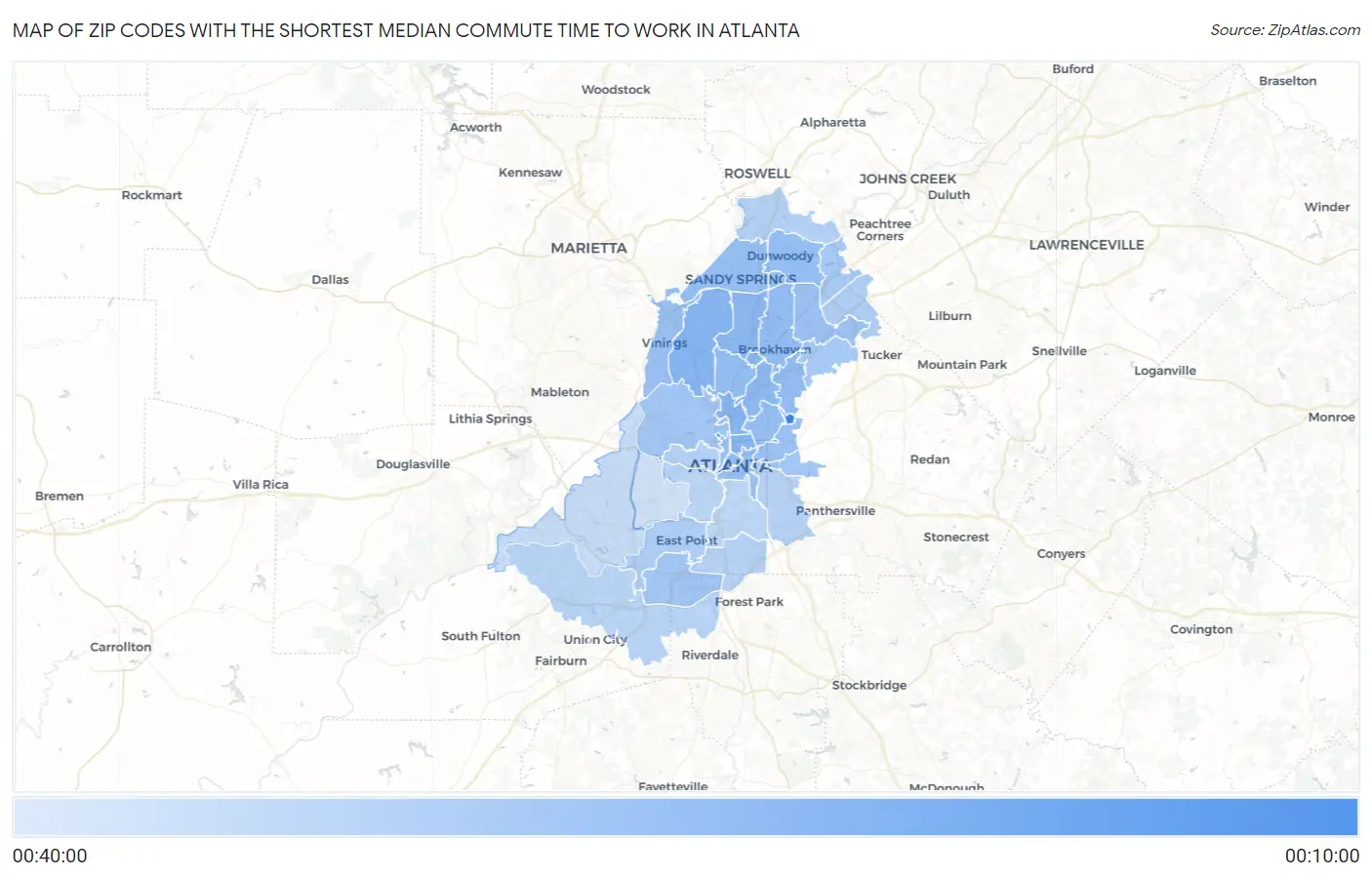 Zip Codes with the Shortest Median Commute Time to Work in Atlanta Map