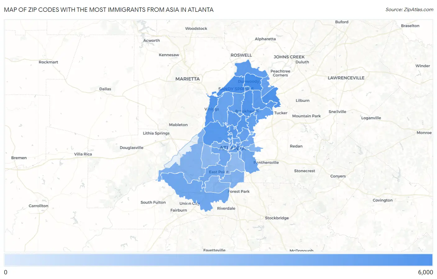 Zip Codes with the Most Immigrants from Asia in Atlanta Map