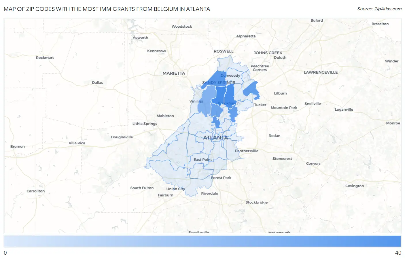Zip Codes with the Most Immigrants from Belgium in Atlanta Map