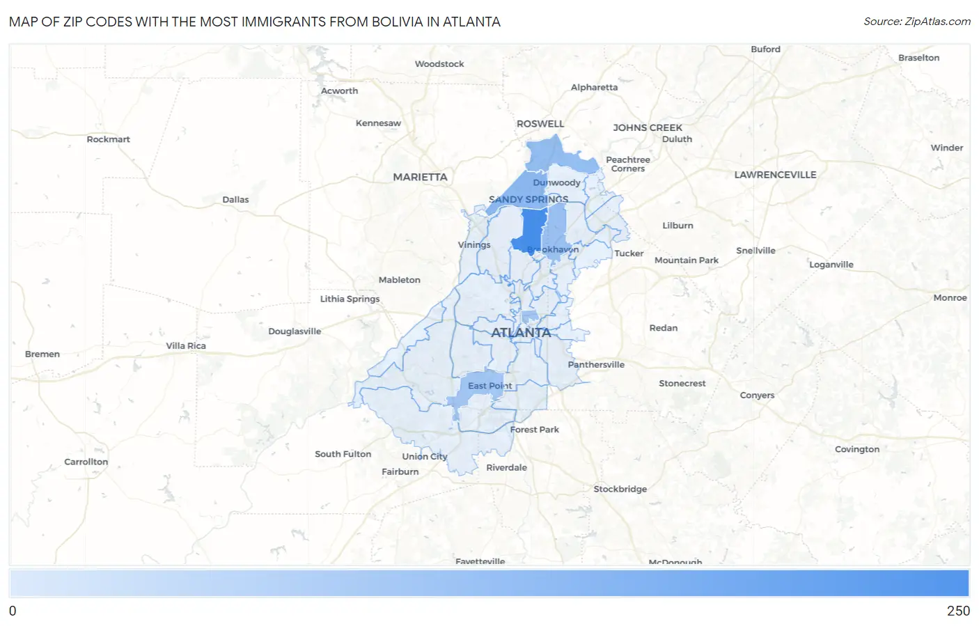 Zip Codes with the Most Immigrants from Bolivia in Atlanta Map