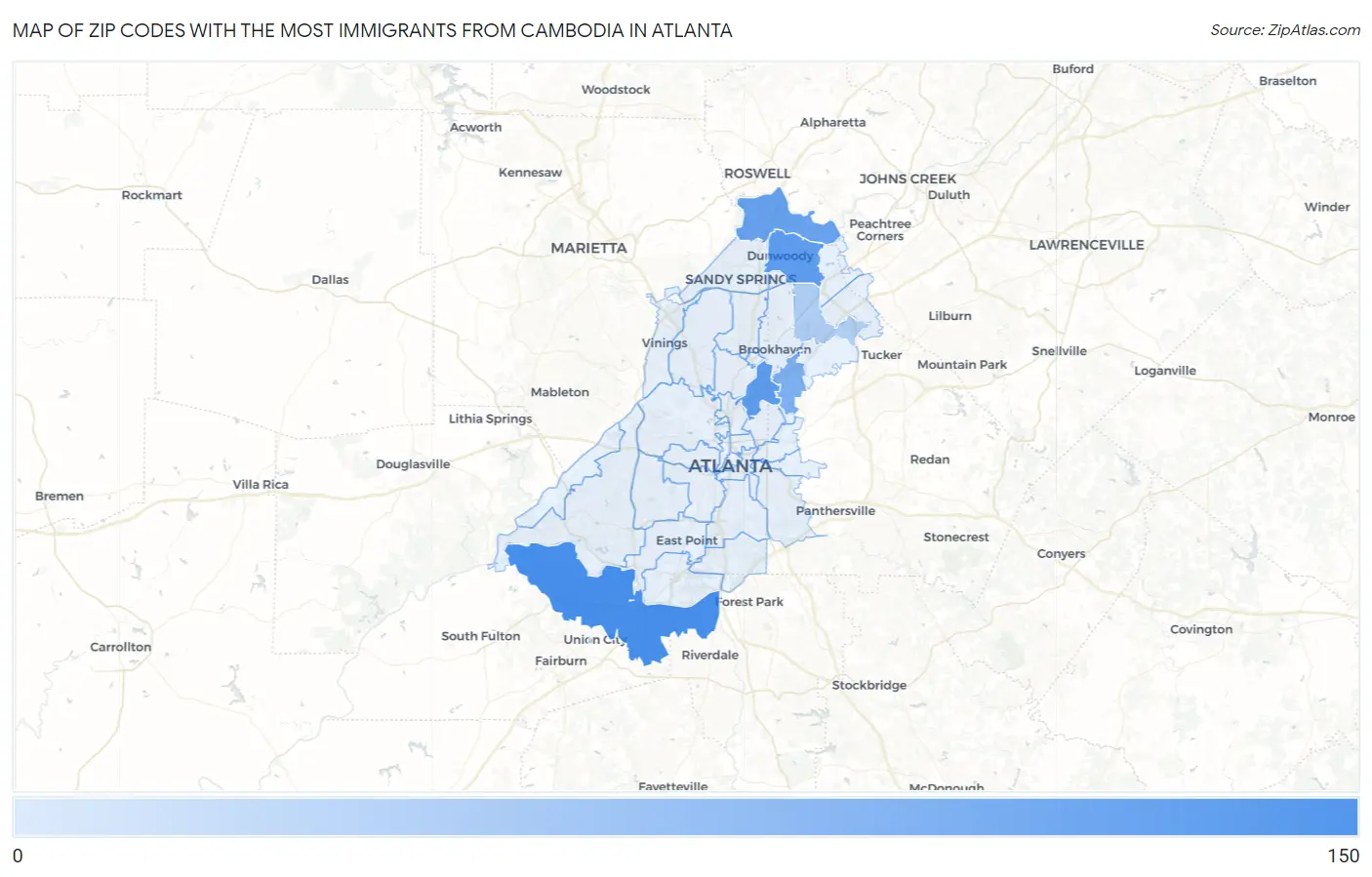 Zip Codes with the Most Immigrants from Cambodia in Atlanta Map