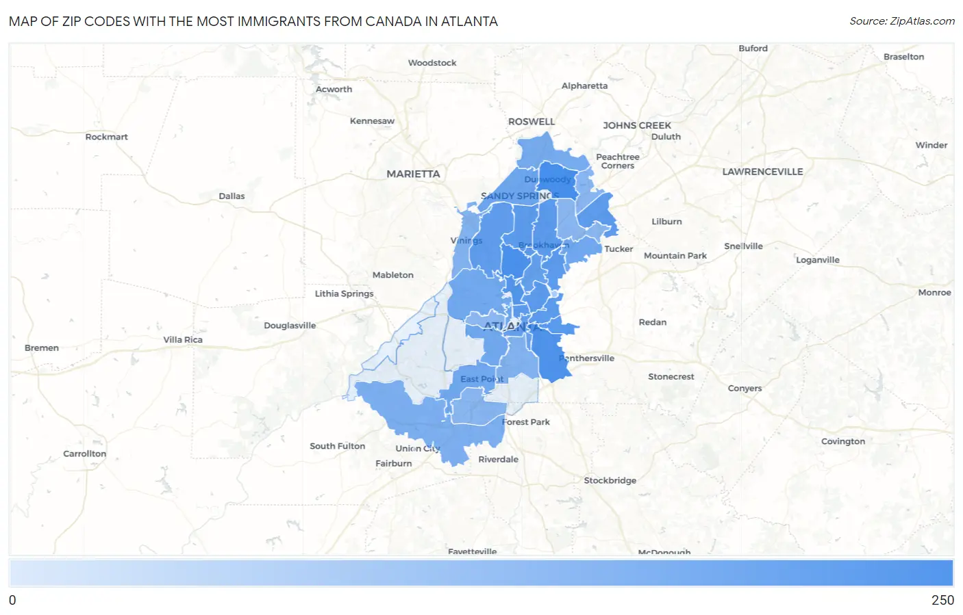 Zip Codes with the Most Immigrants from Canada in Atlanta Map