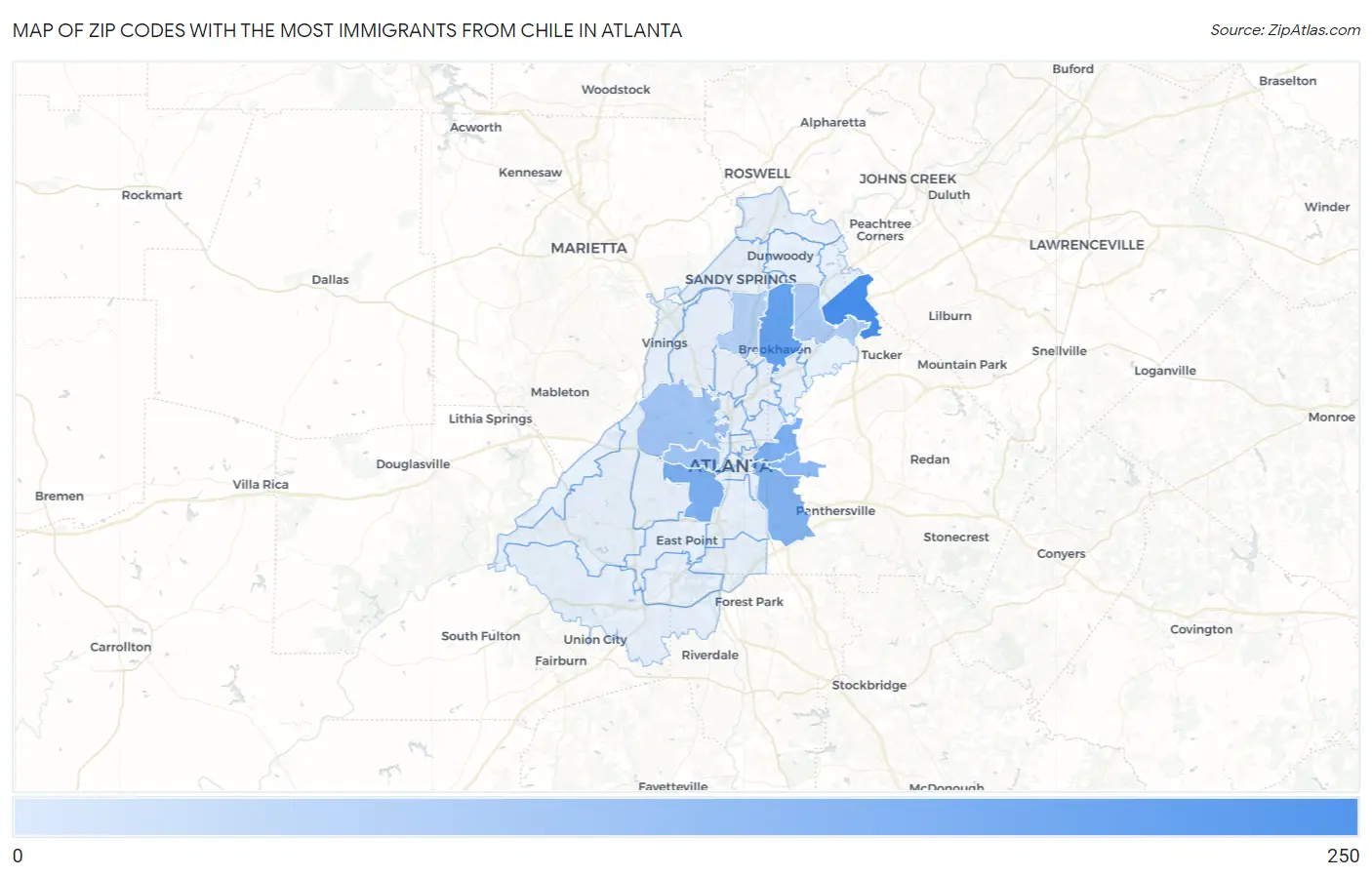 Zip Codes with the Most Immigrants from Chile in Atlanta Map