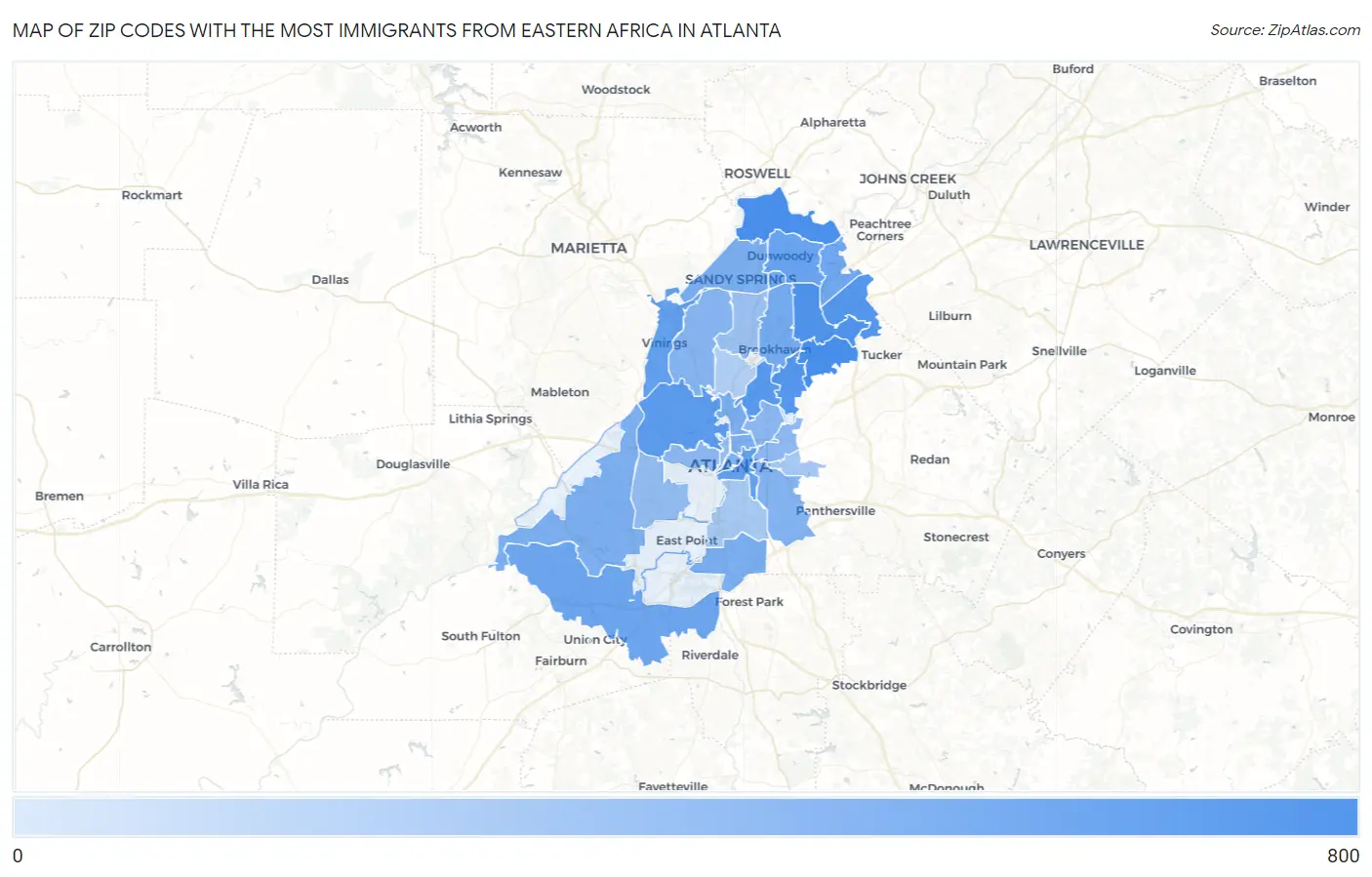 Zip Codes with the Most Immigrants from Eastern Africa in Atlanta Map