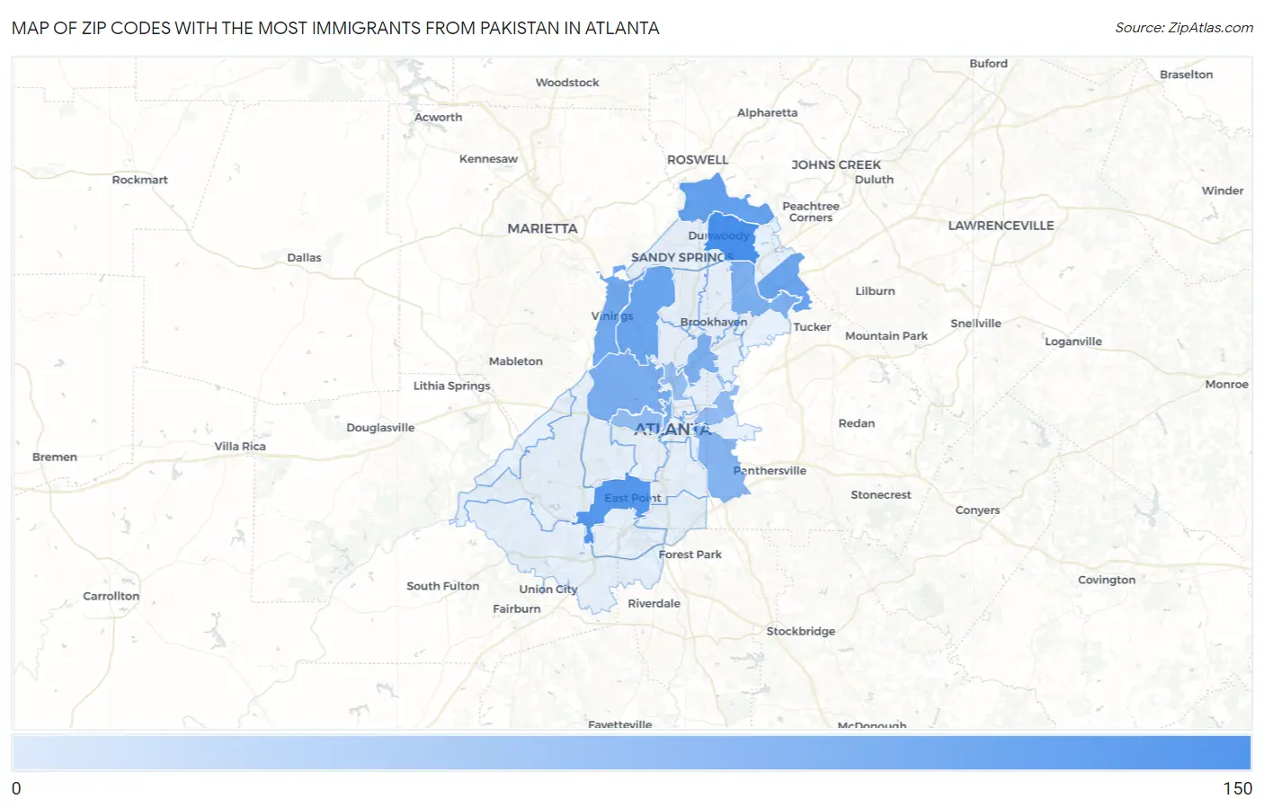 Zip Codes with the Most Immigrants from Pakistan in Atlanta Map