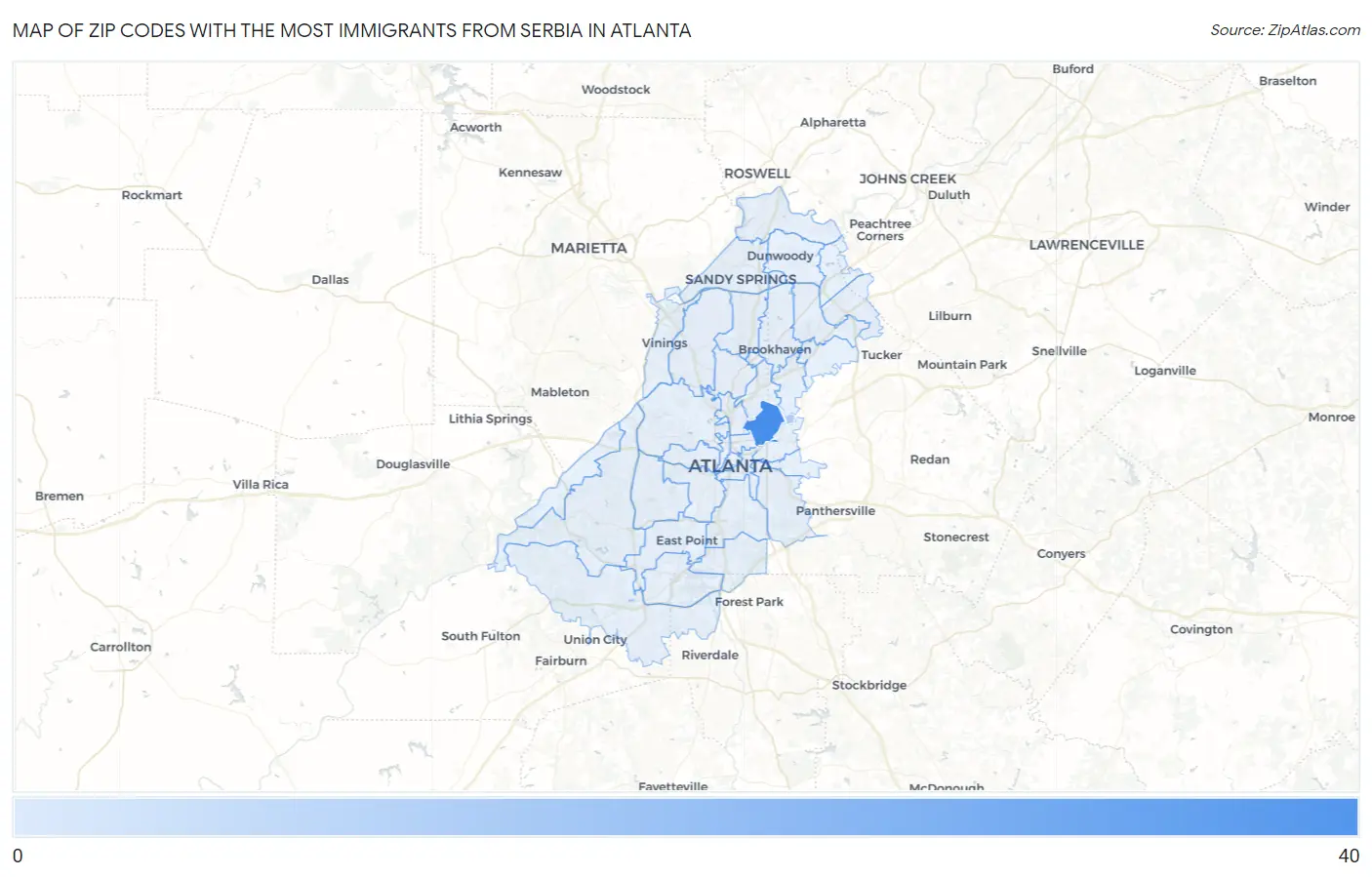 Zip Codes with the Most Immigrants from Serbia in Atlanta Map