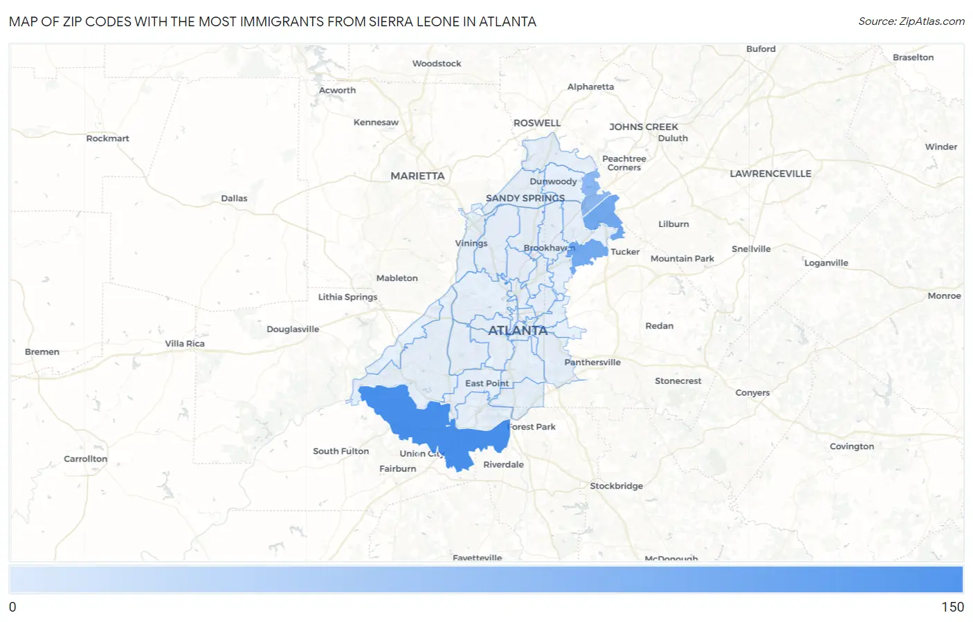 Zip Codes with the Most Immigrants from Sierra Leone in Atlanta Map