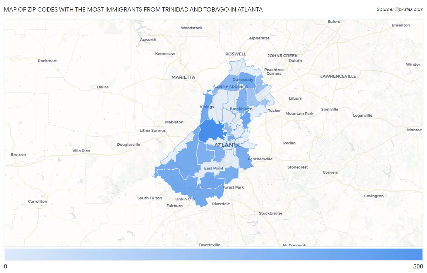 Zip Codes with the Most Immigrants from Trinidad and Tobago in Atlanta Map