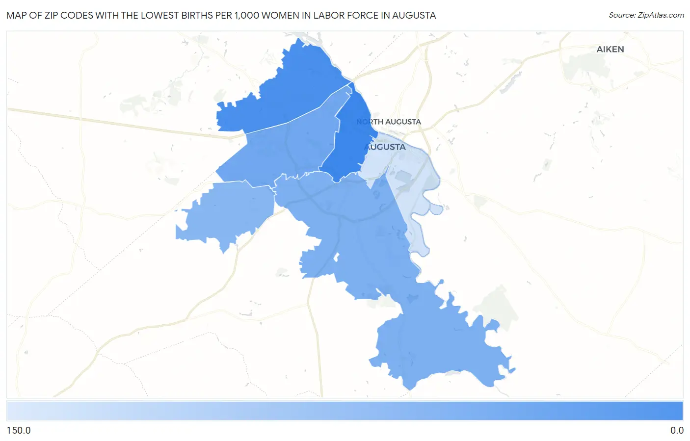 Zip Codes with the Lowest Births per 1,000 Women in Labor Force in Augusta Map