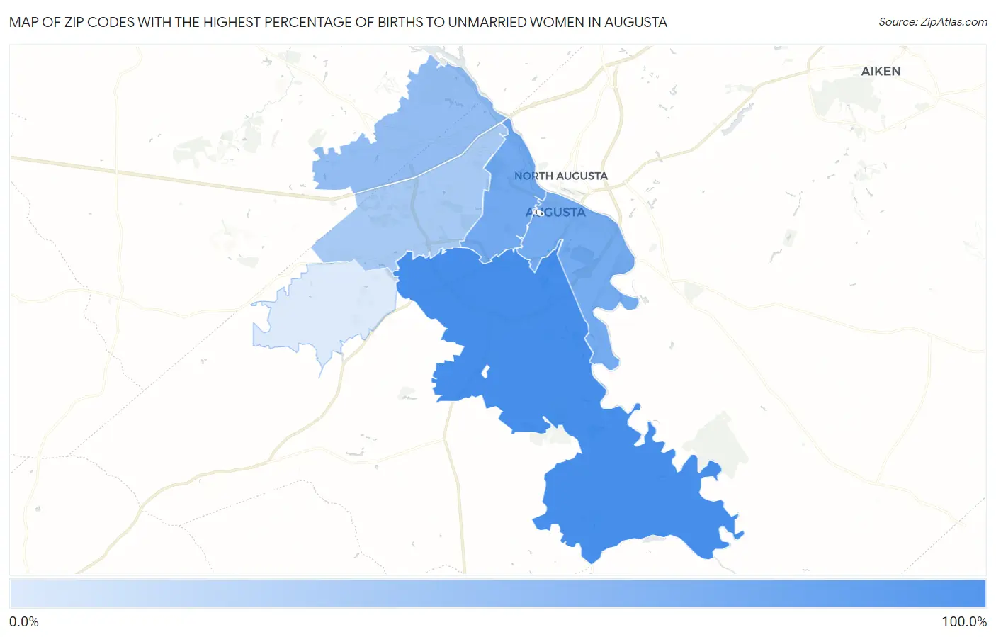 Zip Codes with the Highest Percentage of Births to Unmarried Women in Augusta Map