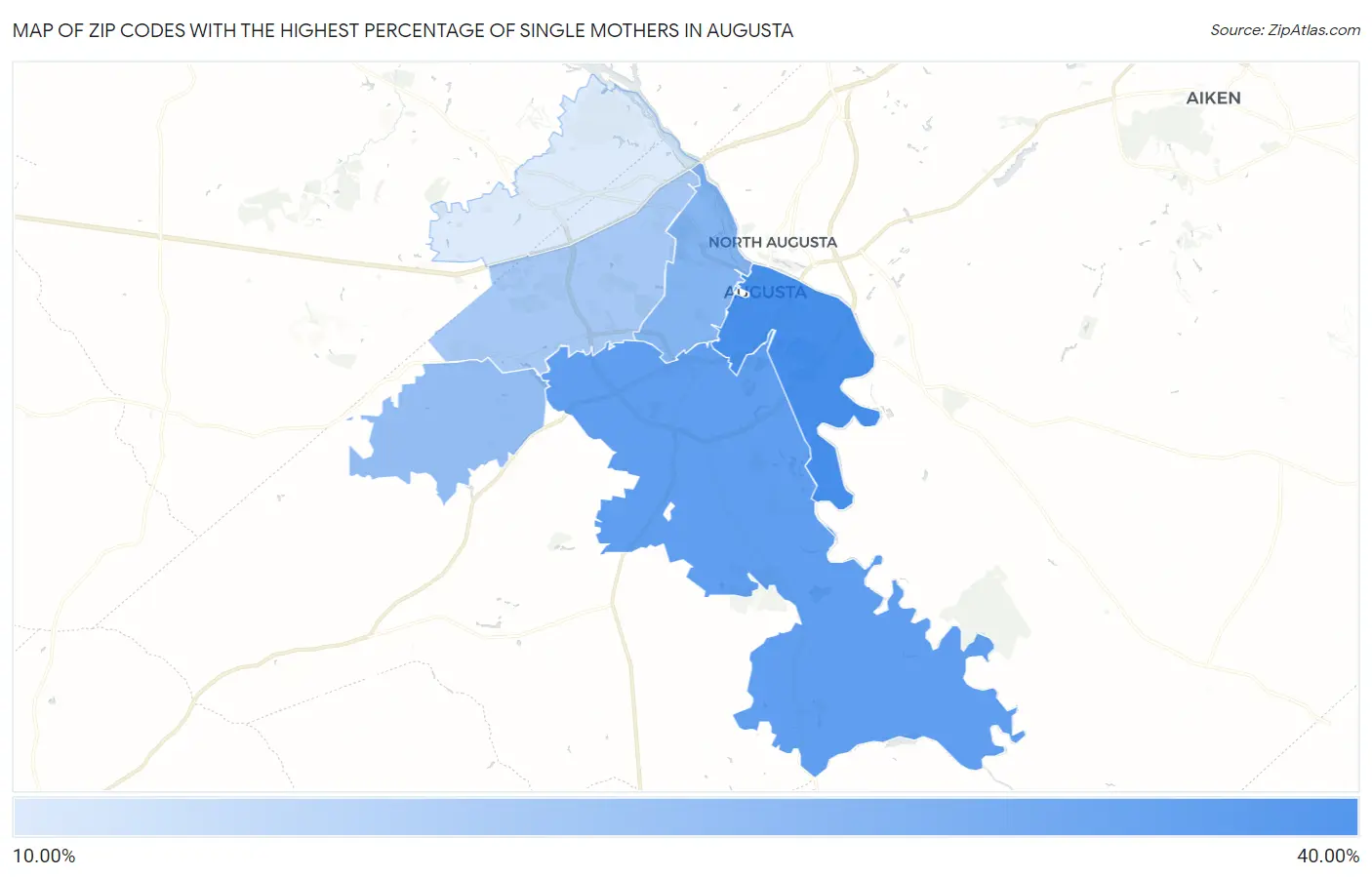 Zip Codes with the Highest Percentage of Single Mothers in Augusta Map