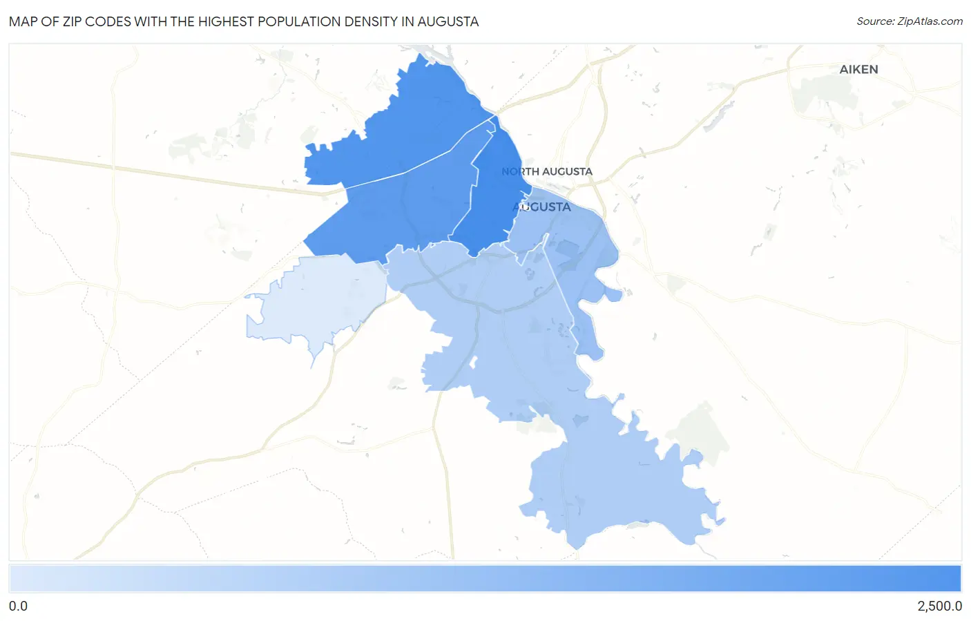 Zip Codes with the Highest Population Density in Augusta Map