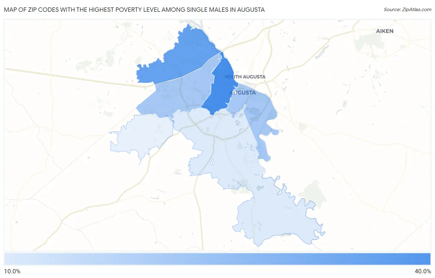 Zip Codes with the Highest Poverty Level Among Single Males in Augusta Map
