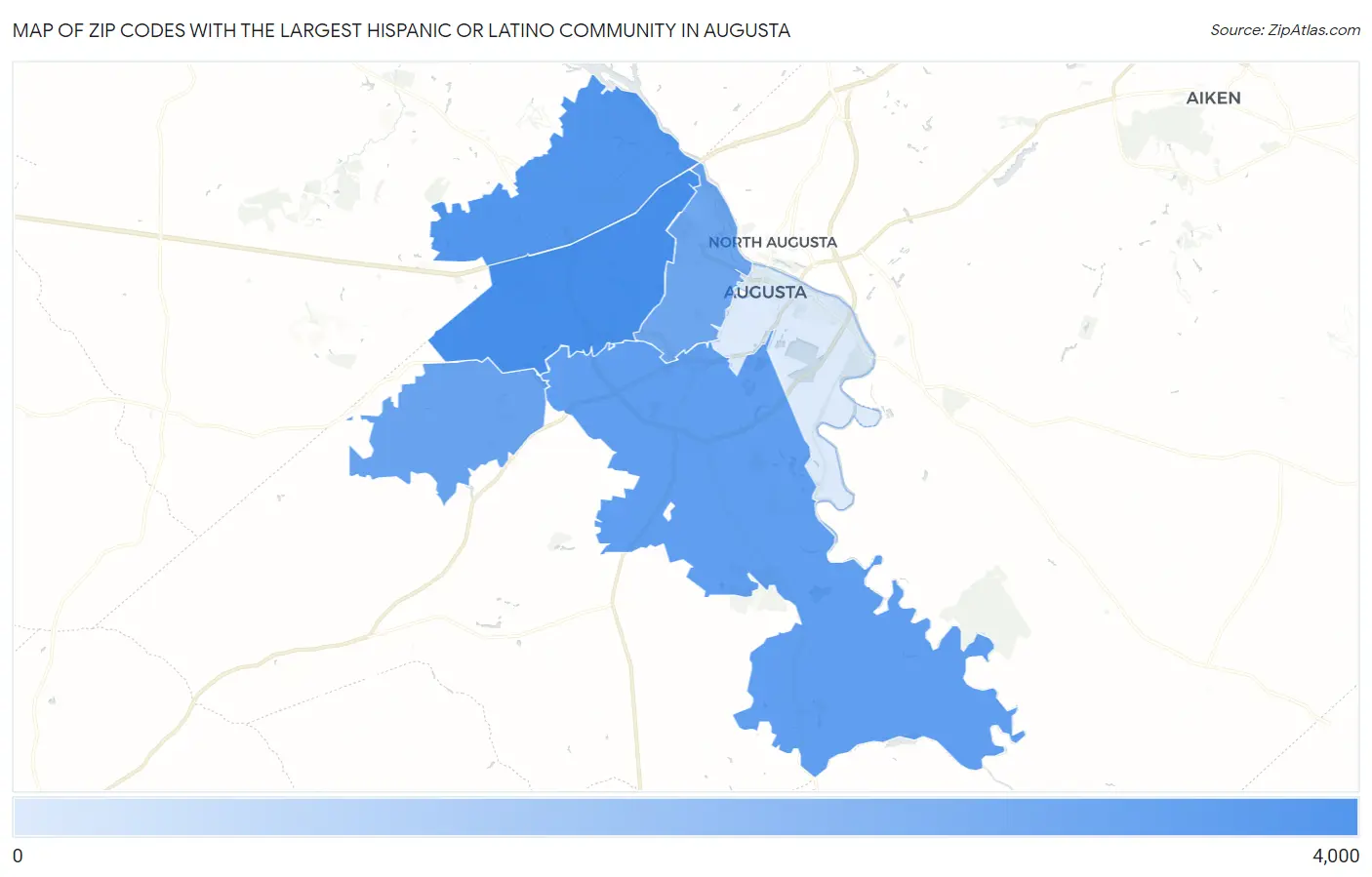 Zip Codes with the Largest Hispanic or Latino Community in Augusta Map