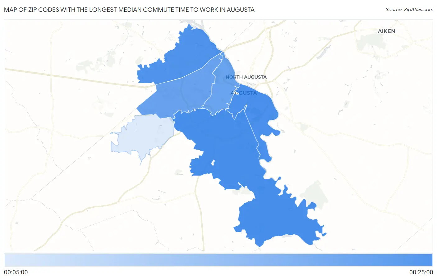 Zip Codes with the Longest Median Commute Time to Work in Augusta Map