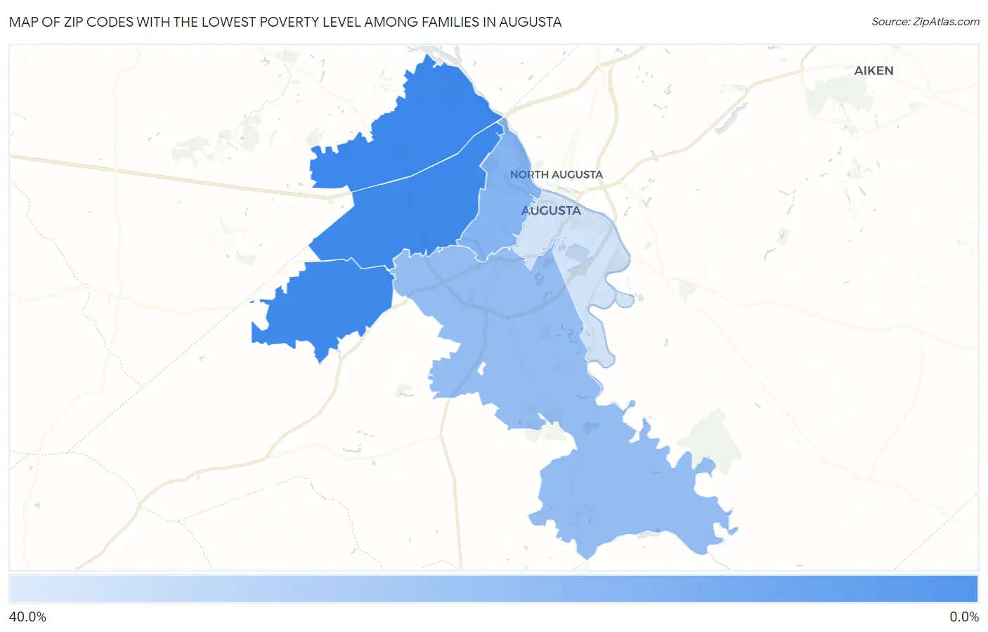 Zip Codes with the Lowest Poverty Level Among Families in Augusta Map