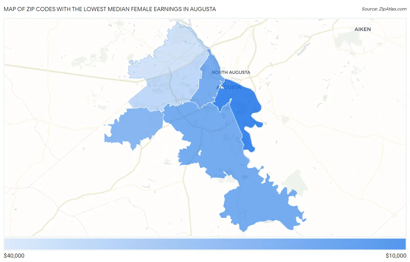Zip Codes with the Lowest Median Female Earnings in Augusta Map