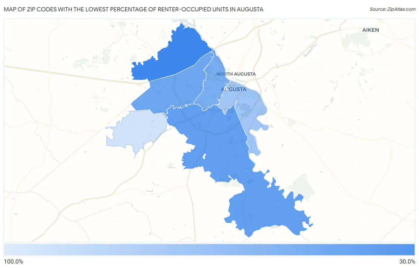 Zip Codes with the Lowest Percentage of Renter-Occupied Units in Augusta Map