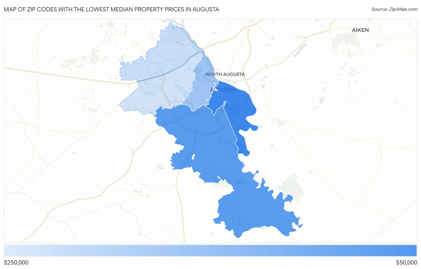 Zip Codes with the Lowest Median Property Prices in Augusta Map