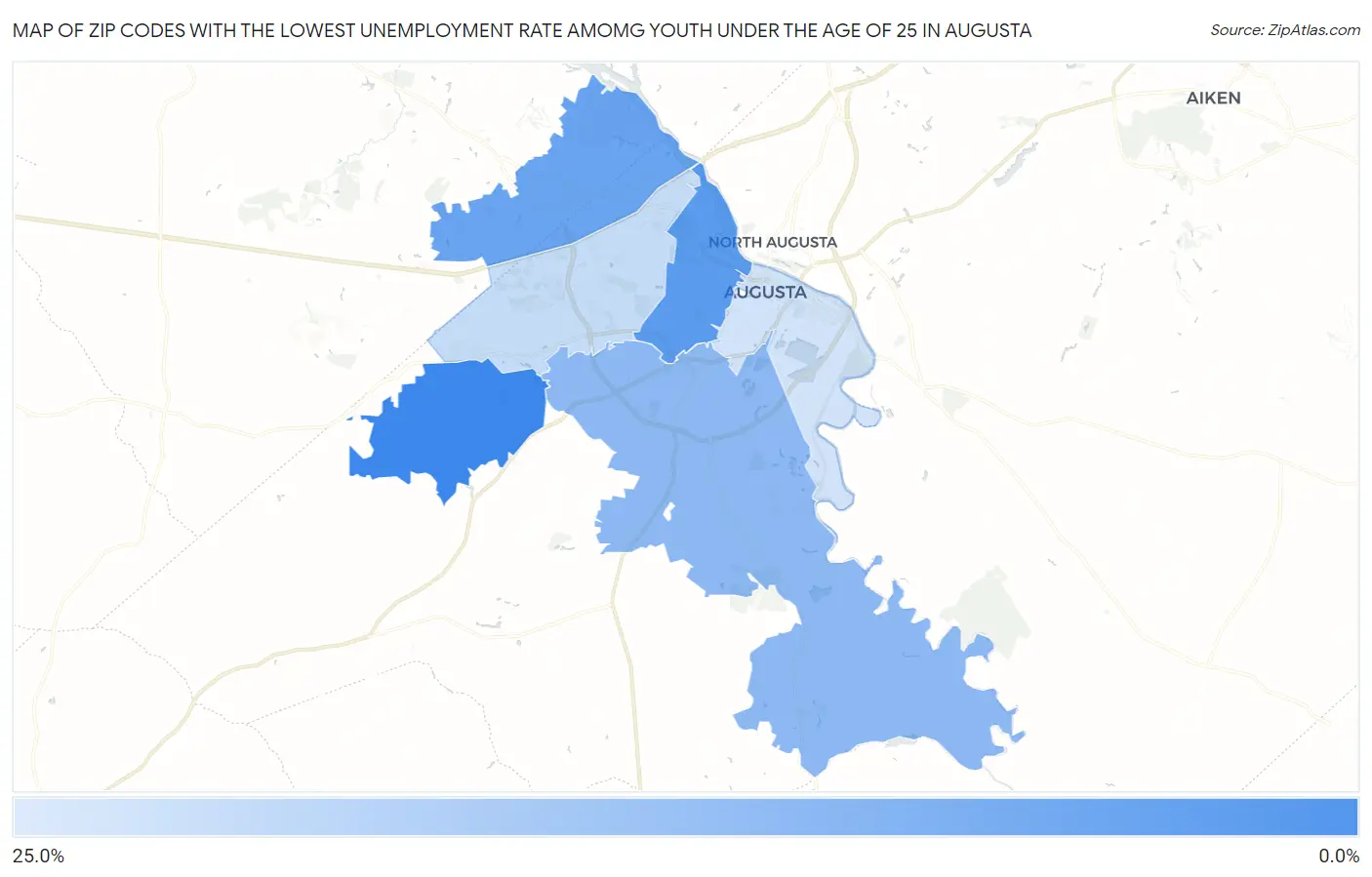 Zip Codes with the Lowest Unemployment Rate Amomg Youth Under the Age of 25 in Augusta Map