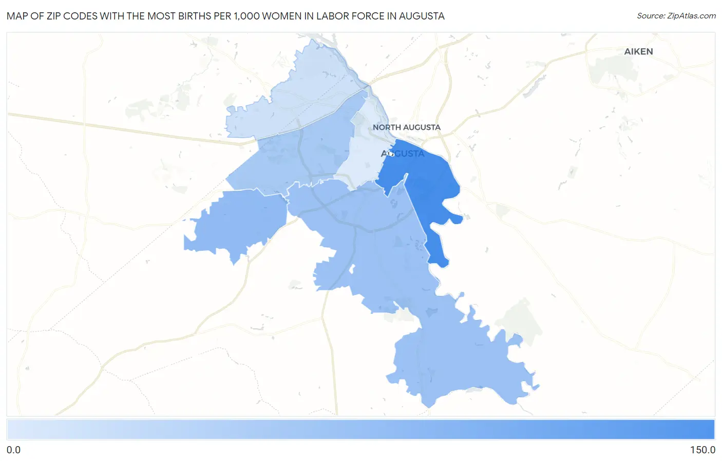 Zip Codes with the Most Births per 1,000 Women in Labor Force in Augusta Map