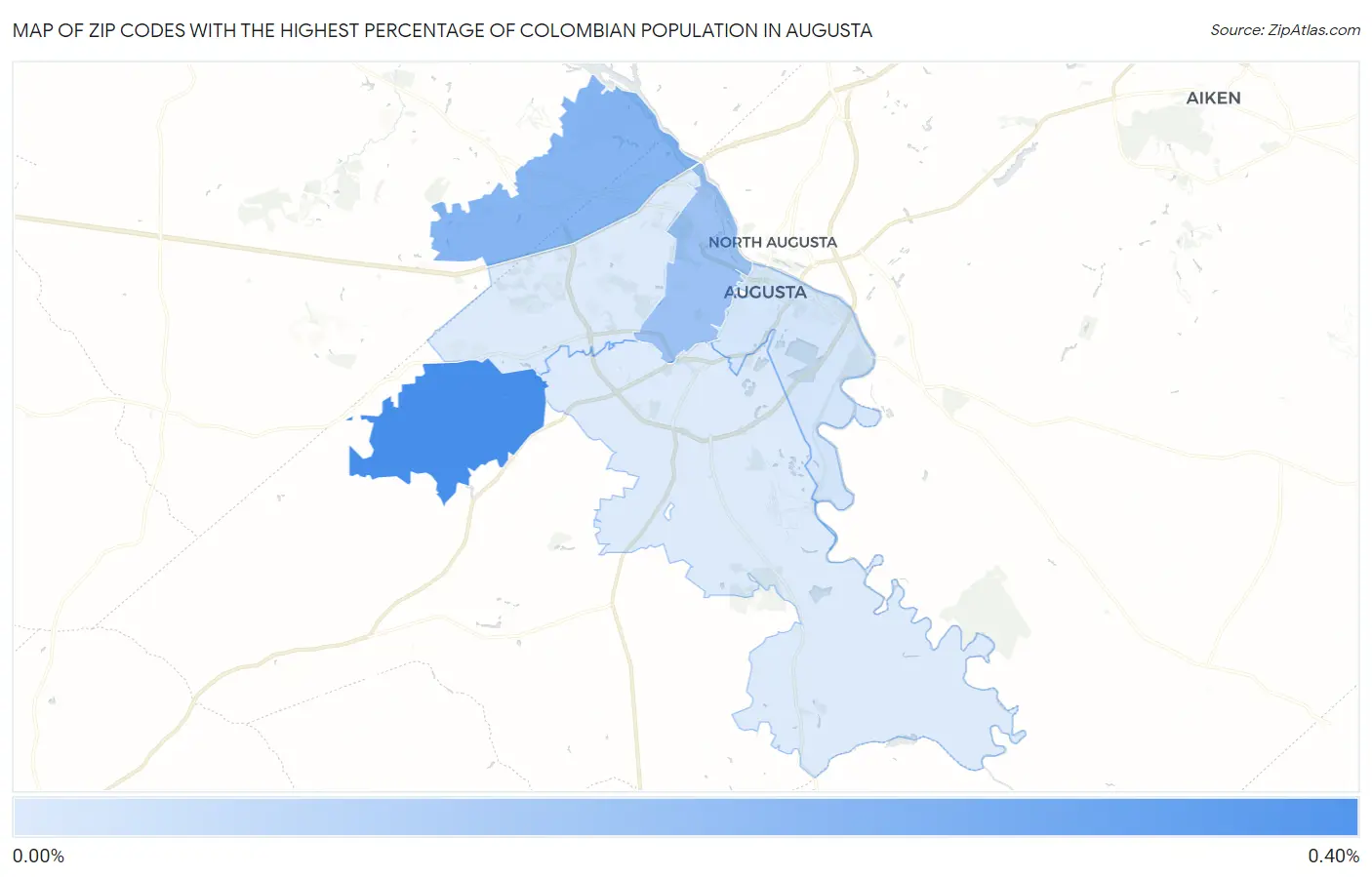 Zip Codes with the Highest Percentage of Colombian Population in Augusta Map
