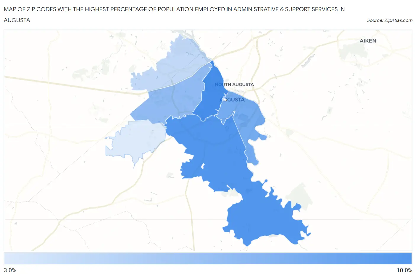 Zip Codes with the Highest Percentage of Population Employed in Administrative & Support Services in Augusta Map