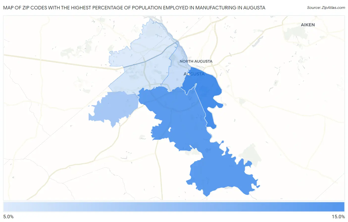 Zip Codes with the Highest Percentage of Population Employed in Manufacturing in Augusta Map