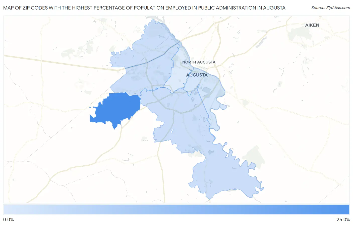 Zip Codes with the Highest Percentage of Population Employed in Public Administration in Augusta Map