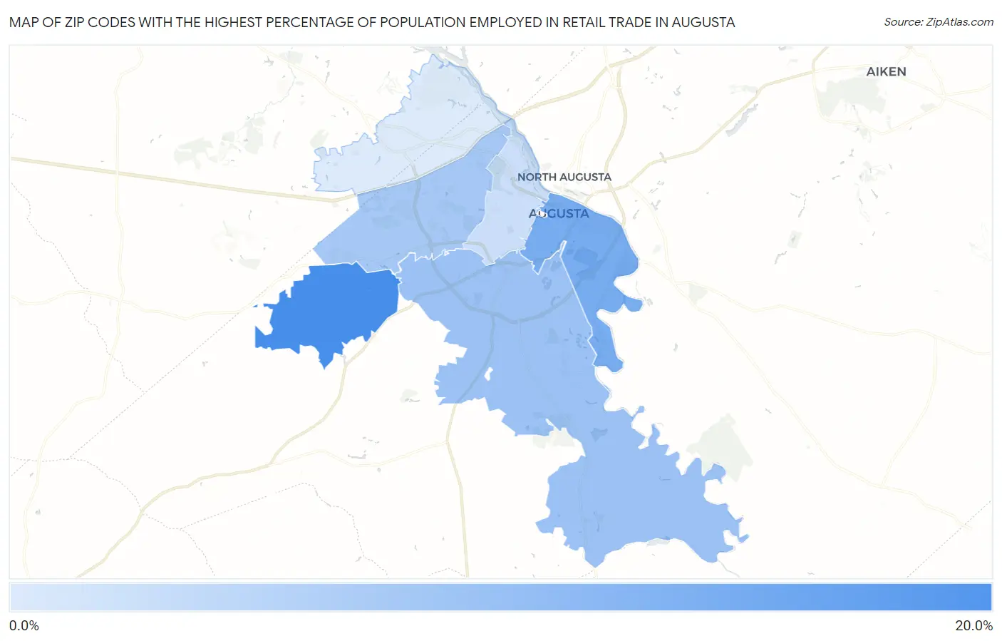 Zip Codes with the Highest Percentage of Population Employed in Retail Trade in Augusta Map