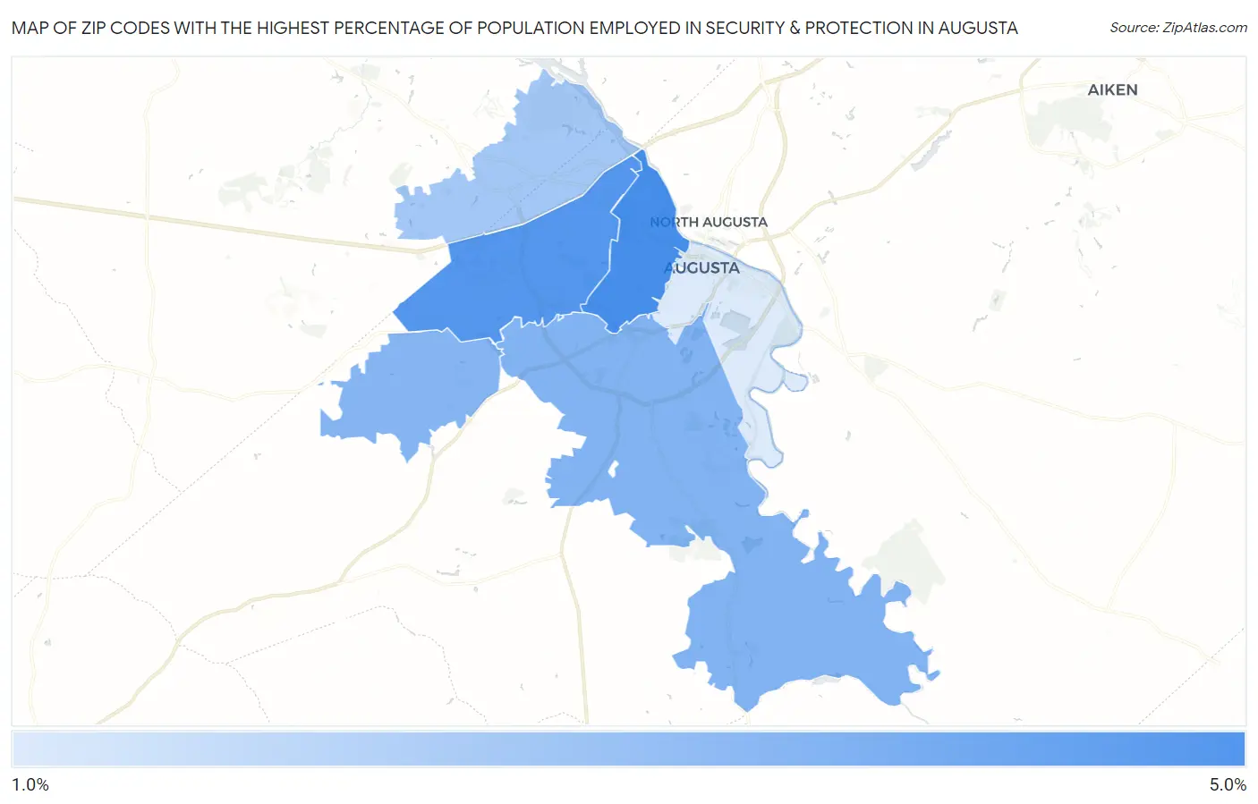 Zip Codes with the Highest Percentage of Population Employed in Security & Protection in Augusta Map